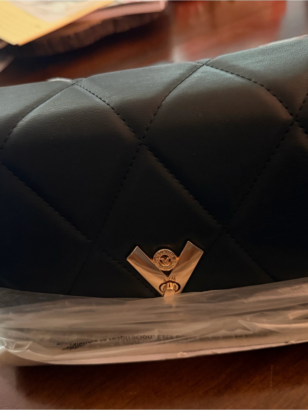 Valentino Orlandi Black Quilted Clutch with Gold V Emblem